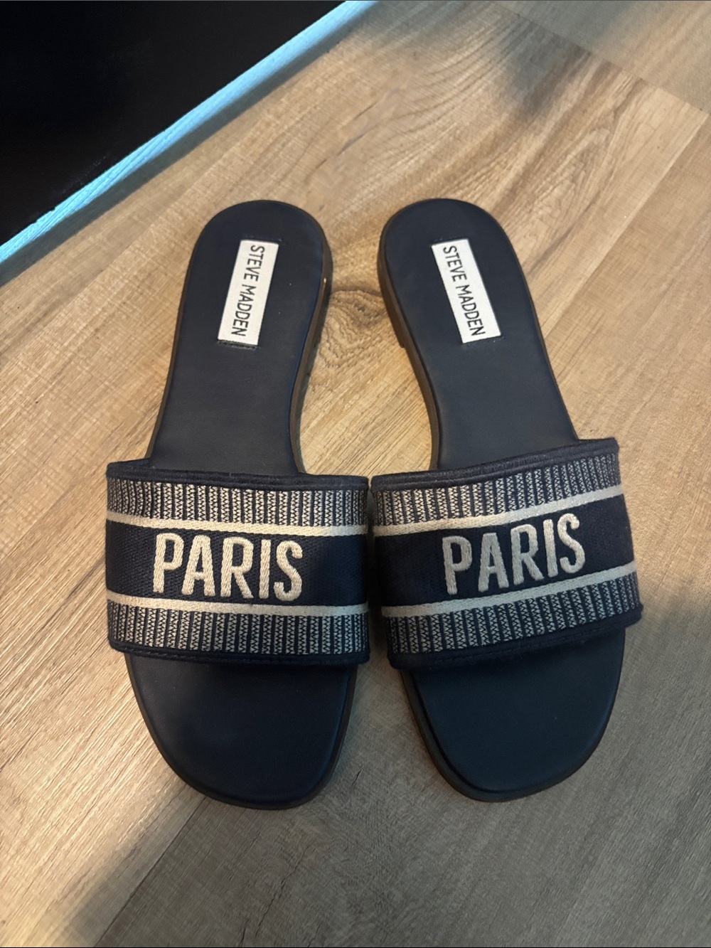 Steve Madden Paris Embroidered Navy Slide Sandals